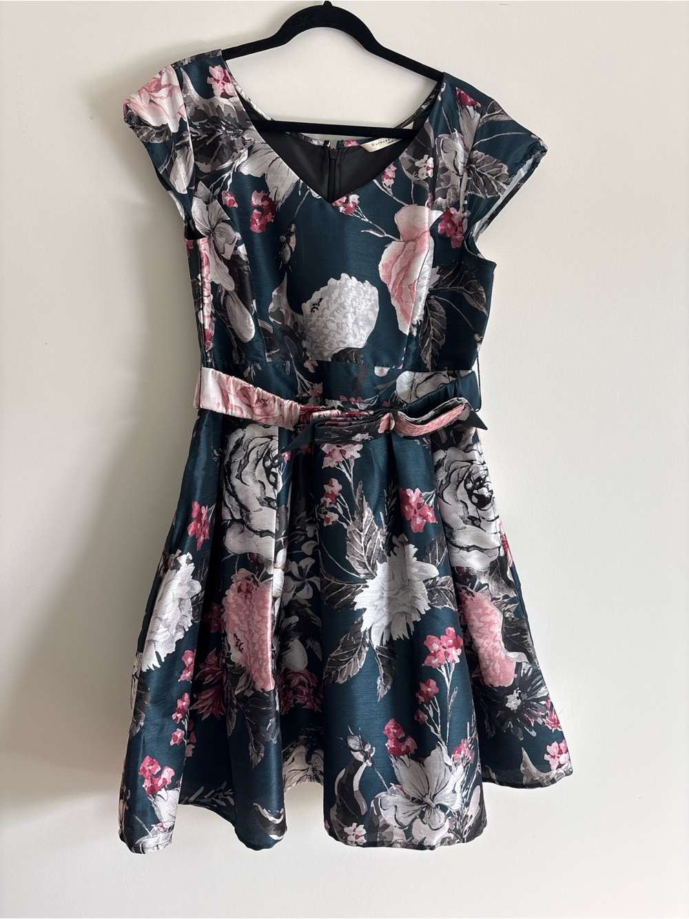 eshakti Teal Floral Fit-and-Flare Dress with Pink and Cream Accents
